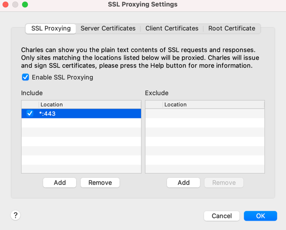 Paramètres SSL avec emplacement
